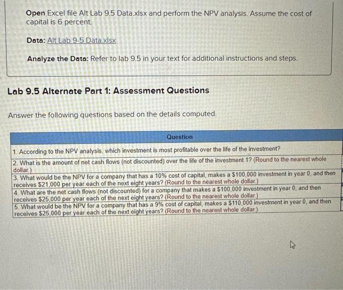 analysis. Assume the cost of capital is 6 percent. Dota: Alt Lab