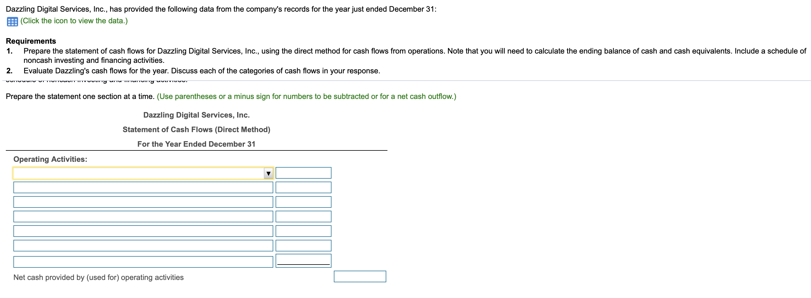  Dazzling Digital Services, Inc., has provided the following data from the
