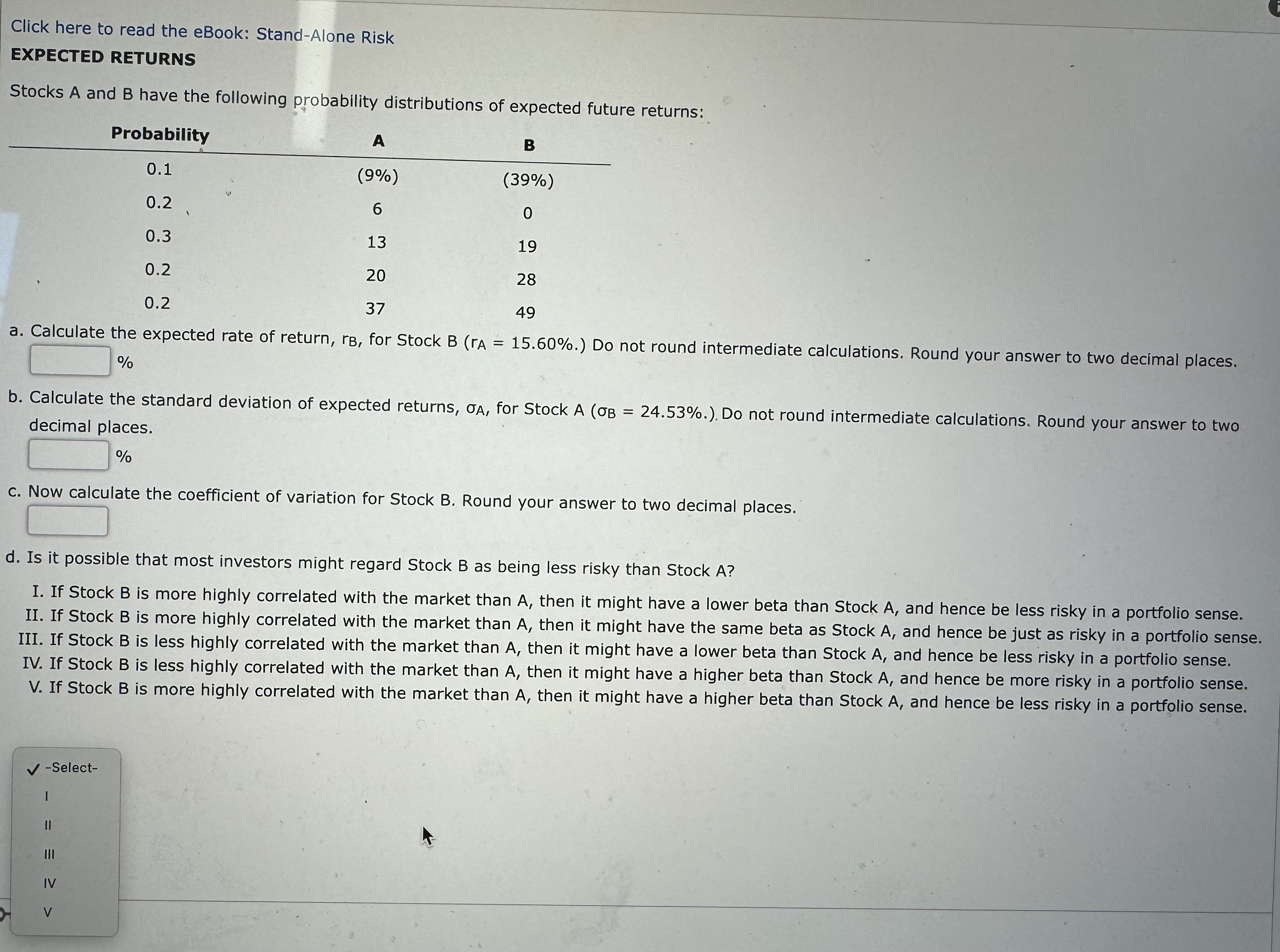  Click here to read the eBook: Stand-Alone Risk EXPECTED RETURNS Stocks