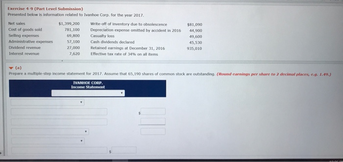  Exercise 4 9 (Part Level Submission) Presented below is information related