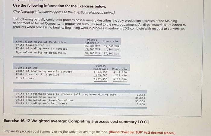  Use the following information for the Exercises below. (The following information