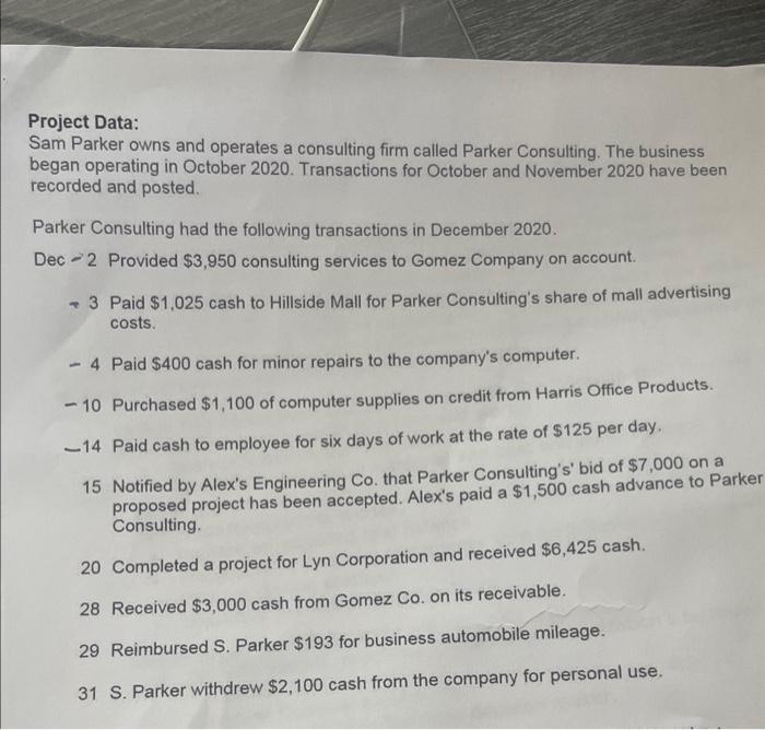  general journal Project Data: Sam Parker owns and operates a consulting