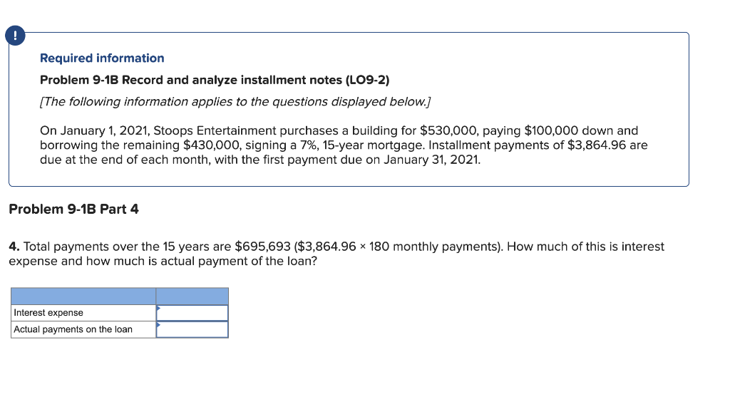 the remaining $430,000, signing a 7%, 15-year mortgage. Installment payments of $3,864.96