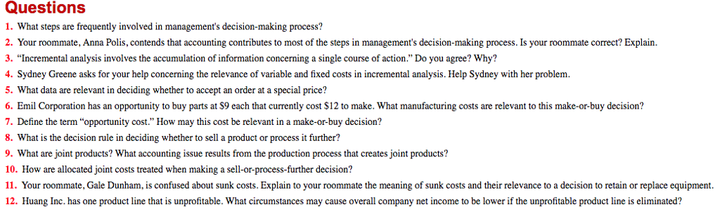  Incremental Analysis Questions! Please help with short answer questions 1-12, Thank