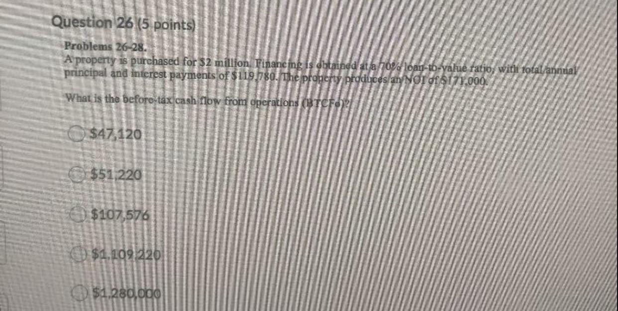  Question 26 (5 points) Problems 26-28. A property is purchased for