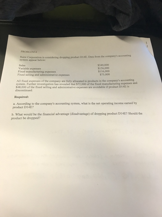  PROBLEM 6 Suire Corporation is considering dropping product D14E. Data from