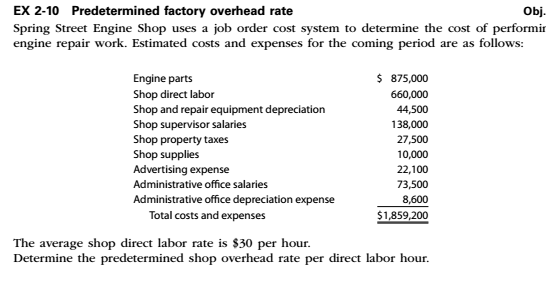 obj EX 2-10 Predetermined factory overhead rate Spring Street Engine Shop