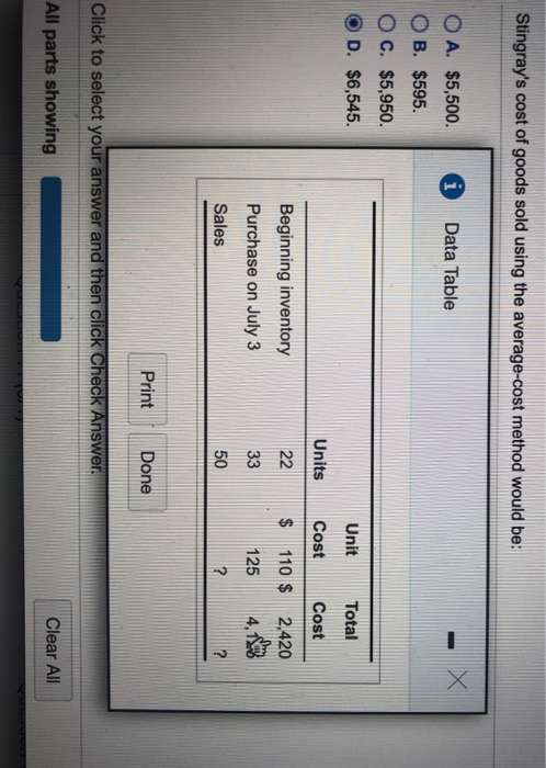  Stingray's cost of goods sold using the average-cost method would be: