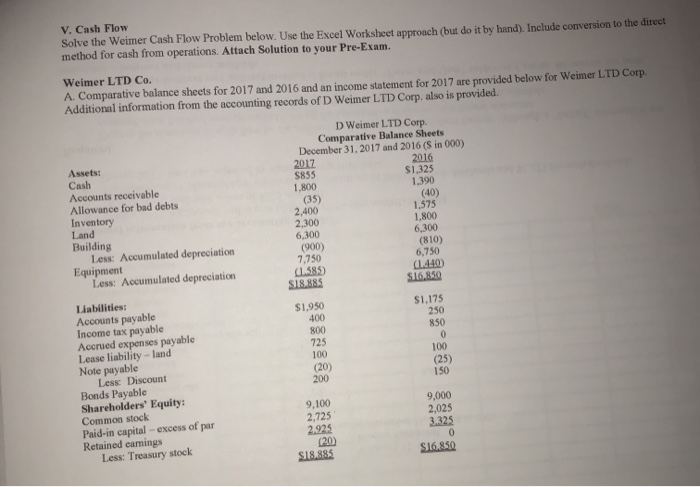  V. Cash Flow Solve the Weimer Cash Flow Problem below. Use