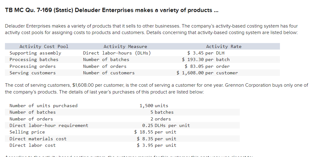  According to the activity-based costing system, the customer margin for this