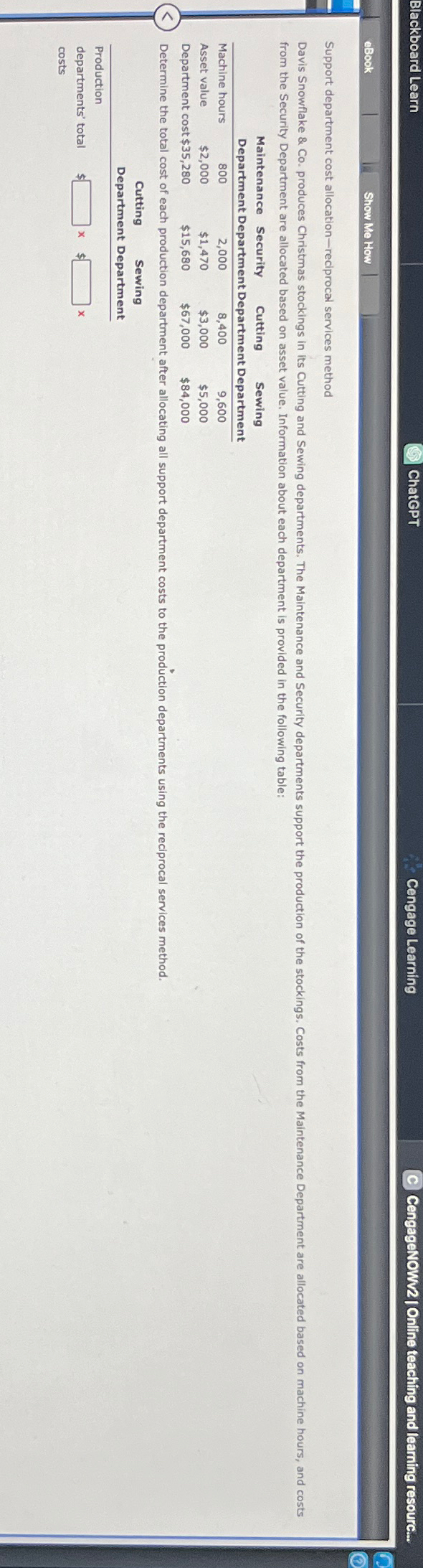  Support department cost allocation-reciprocal services method from the Security Department are