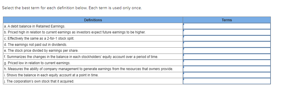  Select the best term for each definition below. Each term is