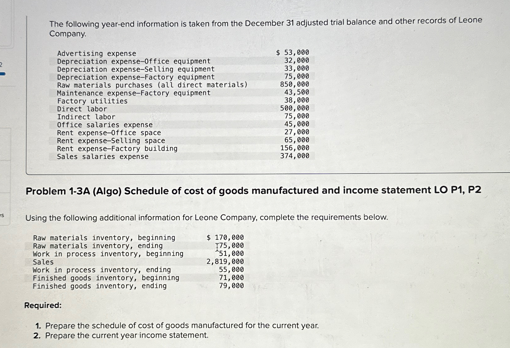  Required 1 Prepare the current year income statement. \table[[LEONE COMPANY,],[Income Statement,],[Sales,,],[Cost