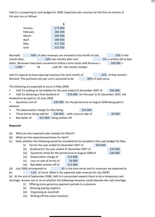 Please help me solve this task Valli Co is preparing its cash