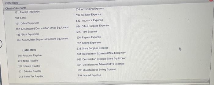 esch of the folowing (Refer to the Chart of Accounts for exact