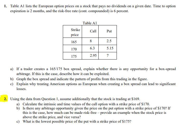Need answer for Q2 1. Table Al lists the European option