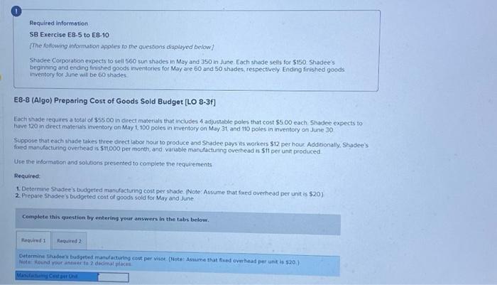  Required informotion SB Exercise E8-5 to E8-10 [The following information apples