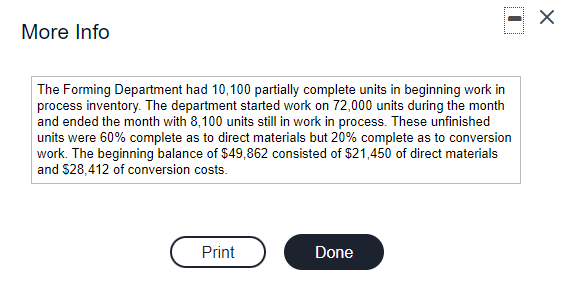 $ 49,862 Transferred to Finishing Direct materials 191,472 Conversion costs 168,200 Ending