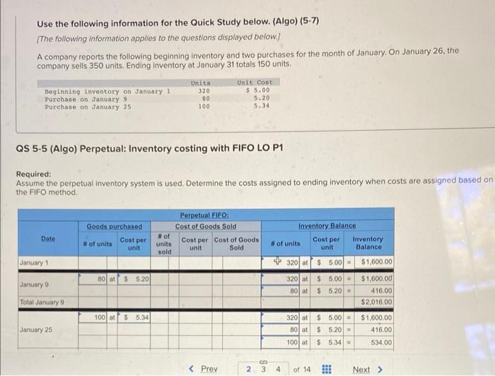  Use the following information for the Quick Study below. (Algo) (5-7)