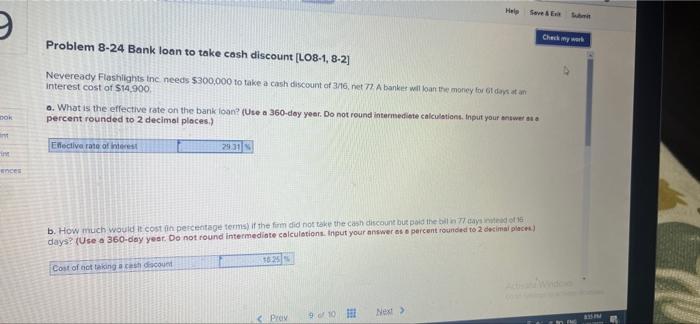  Save & Ext Submit Check my work Help 9 Problem 8-24