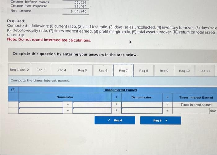 inventory turnover, (5) days' sa (6) debt-to-equity ratio, (7) times interest earned,