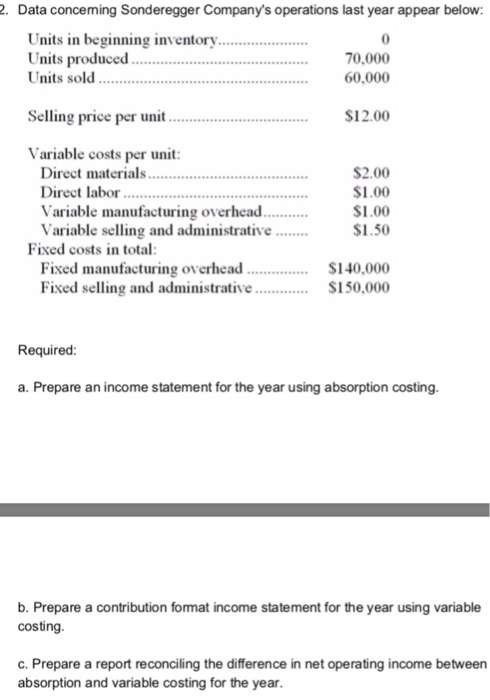  2. Data conceming Sonderegger Company's operations last year appear below Units