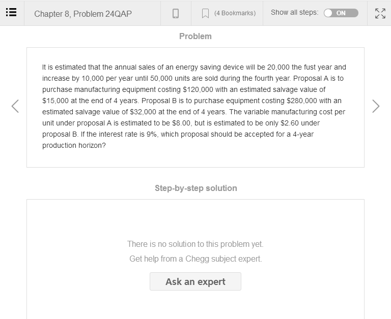  Chapter 8, Problem 24QAP (4 Bookmarks) Show all steps: 0% Problem