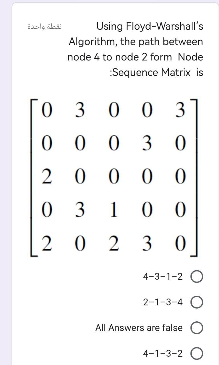 Using Floyd-Warshall's Algorithm, the path between node 4 to node 2