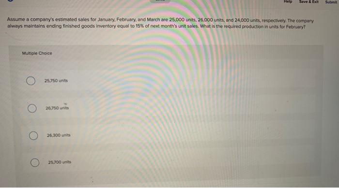  Help Save & Exit Submit Assume a company's estimated sales for