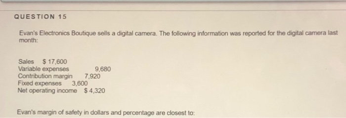  QUESTION 15 Evan's Electronics Boutique sells a digital camera. The following