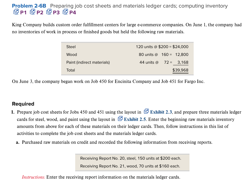  Problem 2-6B Preparing job cost sheets and materials ledger cards; computing