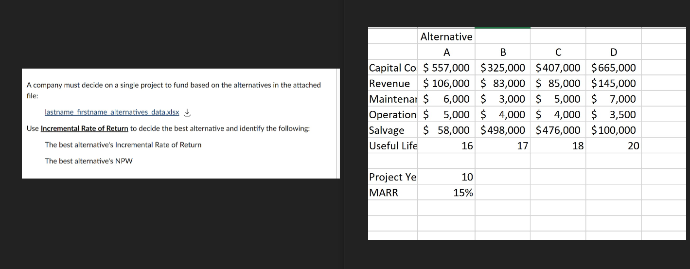 Use excel A company must decide on a single project to fund
