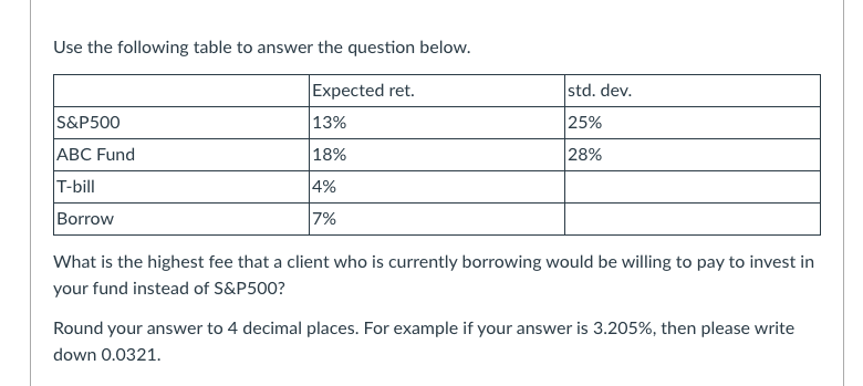  Use the following table to answer the question below. What is