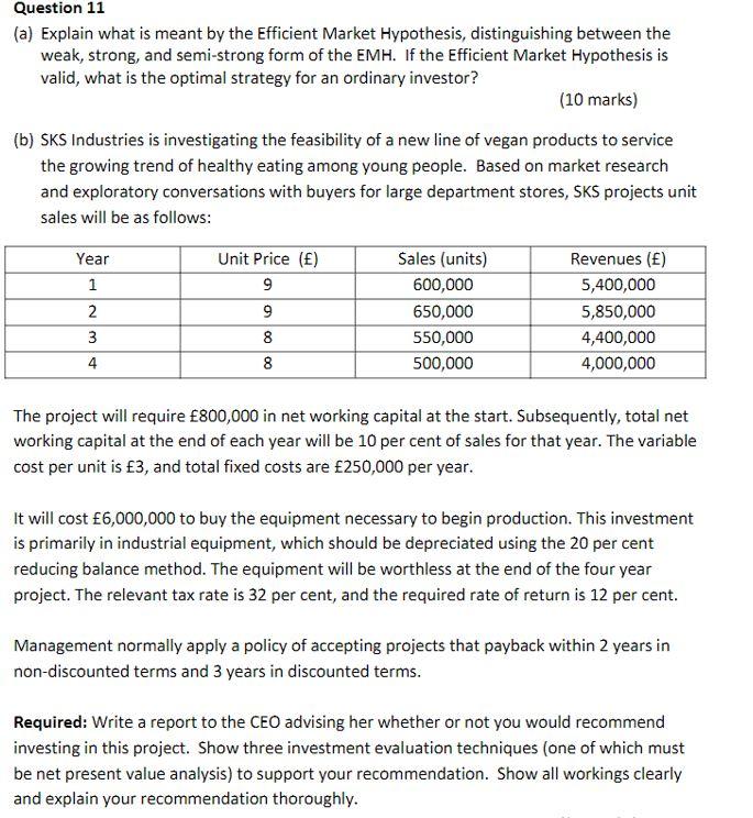  Question 11 (a) Explain what is meant by the Efficient Market