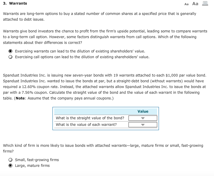Drop down options: 1. 2. Please answer all 3. Warrants Aa Aa