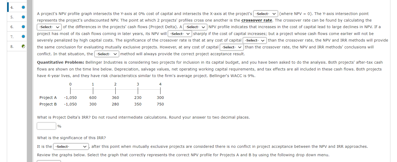 A project's NPV profile graph intersects the Y-axis at 0% cost
