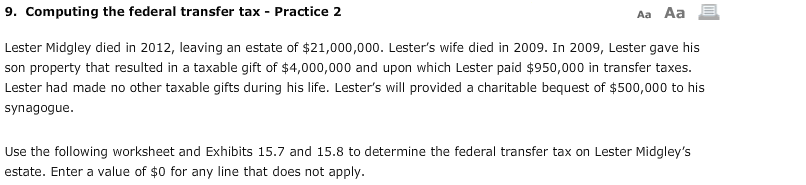  Aa Aa 9. Computing the federal transfer tax - Practice 2