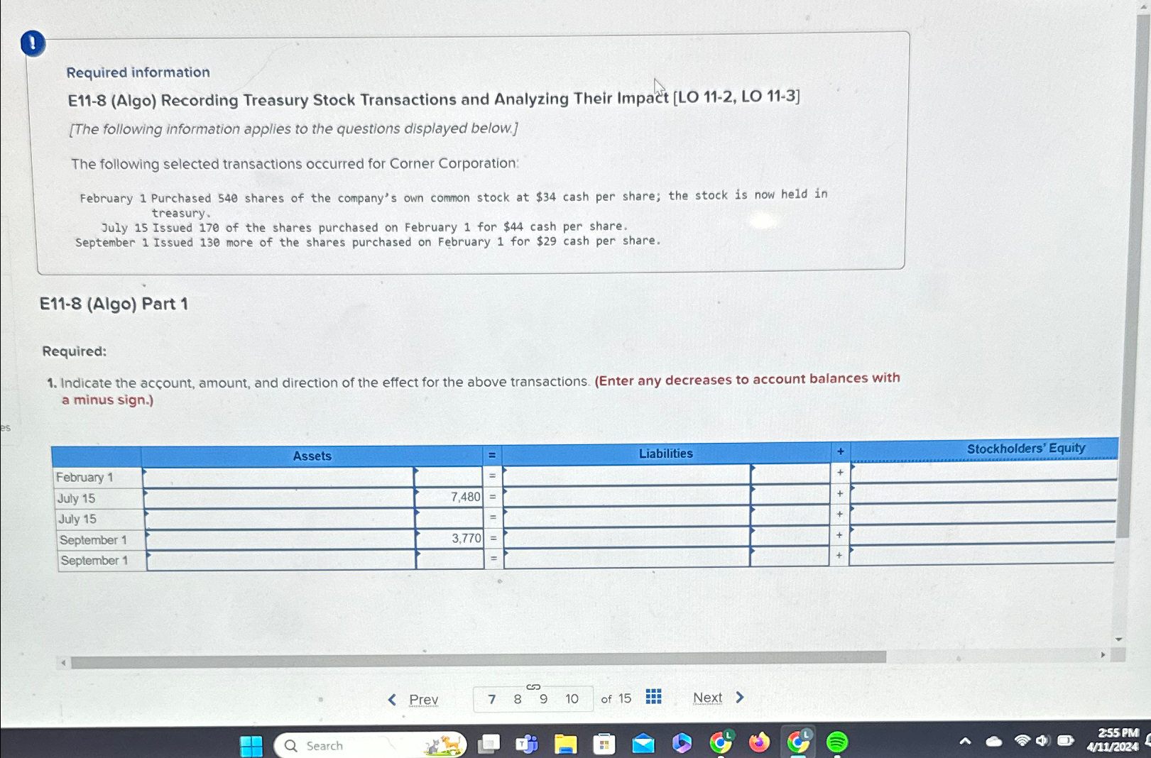  (1. Required information E11-8(Algo) Recording Treasury Stock Transactions and Analyzing Their