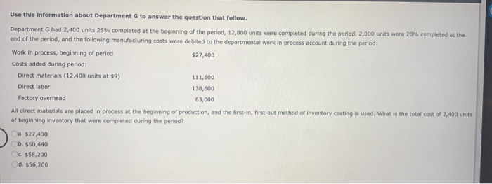  Use this information about Department to answer the question that follow.