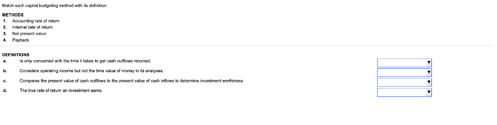  Match cach capital budgeting method with its definition METHODS 1. Accounting