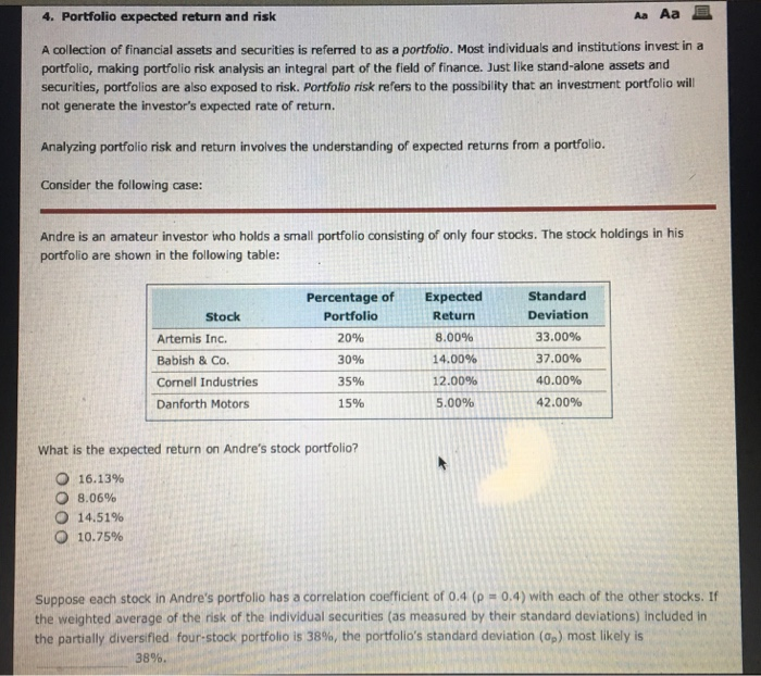  4. Portfolio expected return and rislk AaAa A collection of financial