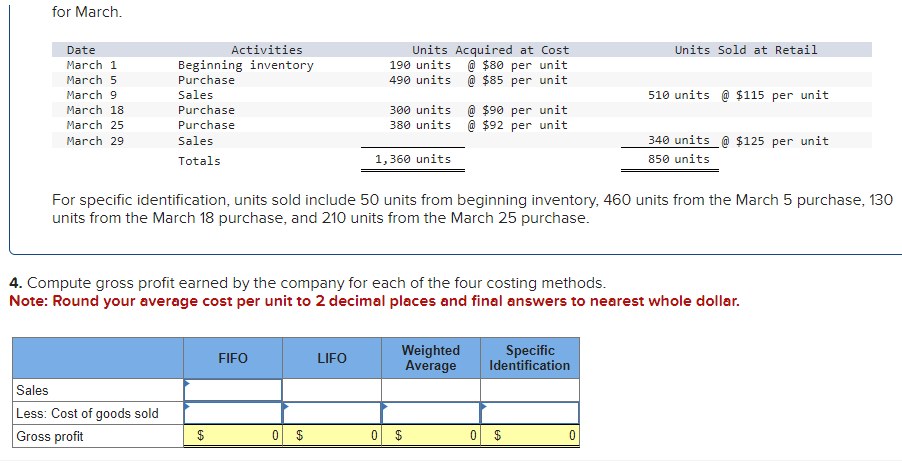 for March. For specific identification, units sold include 50 units from