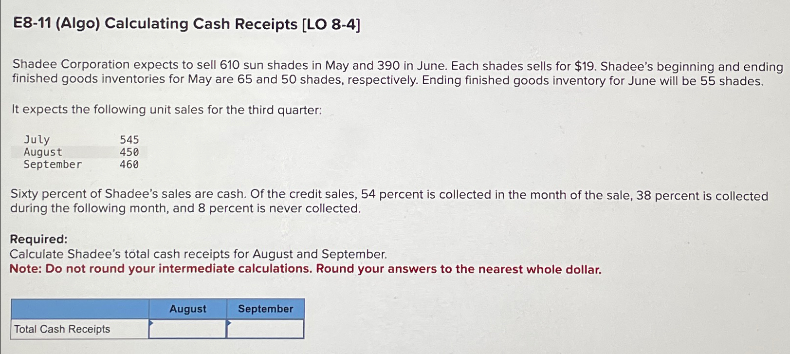  E8-11(Algo) Calculating Cash Receipts [LO 8-4] Shadee Corporation expects to sell
