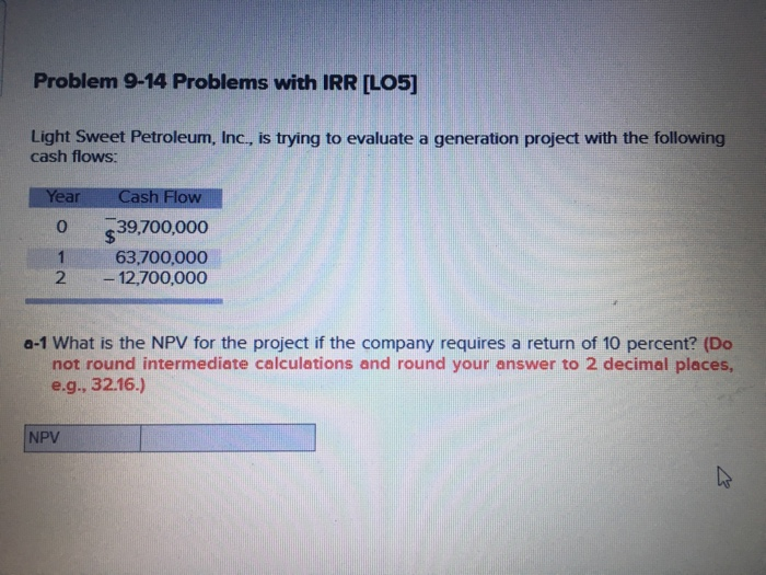  Problem 9-14 Problems with IRR [LO5] Light Sweet Petroleum, Inc., is