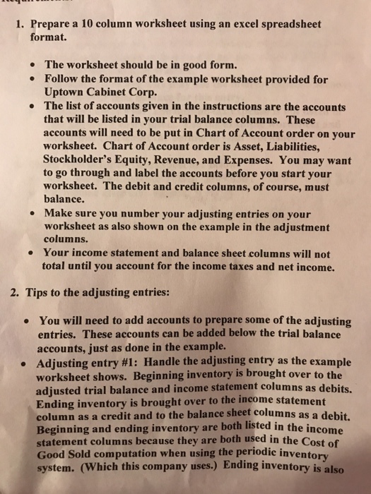  1. Prepare a 10 column worksheet using an excel spreadsheet format.
