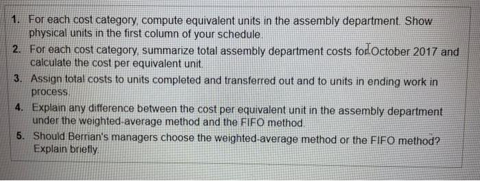 schedule. 2. For each cost category, summarize total assembly department costs forloctober