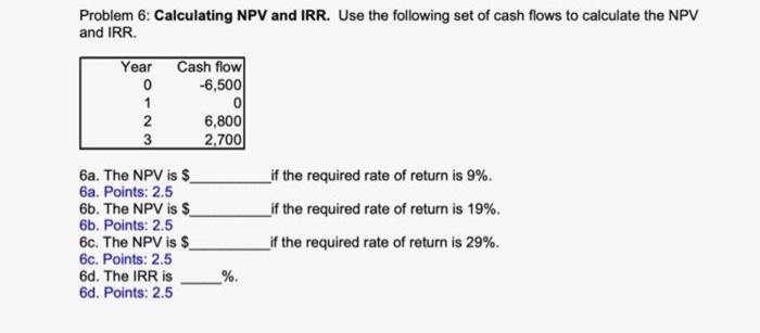 Can you shoe the excel functions? Problem 6: Calculating NPV and IRR.