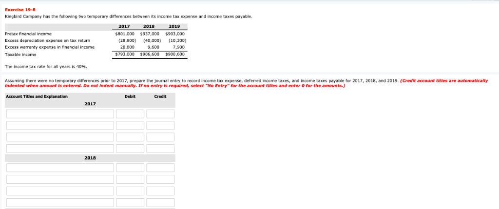  Exercise 19-8 Kingbird Company has the following two temporary differences between