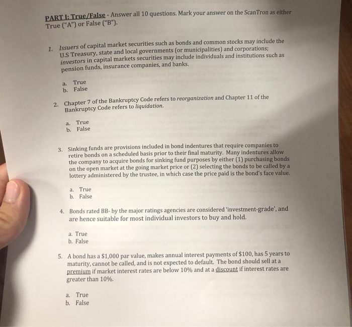  PART ITrue/False - Answer all 10 questions. Mark your answer on
