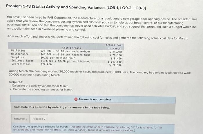  Problem 9-18 (Static) Activity and Spending Variances [LO9-1, LO9-2, LO9-3] You